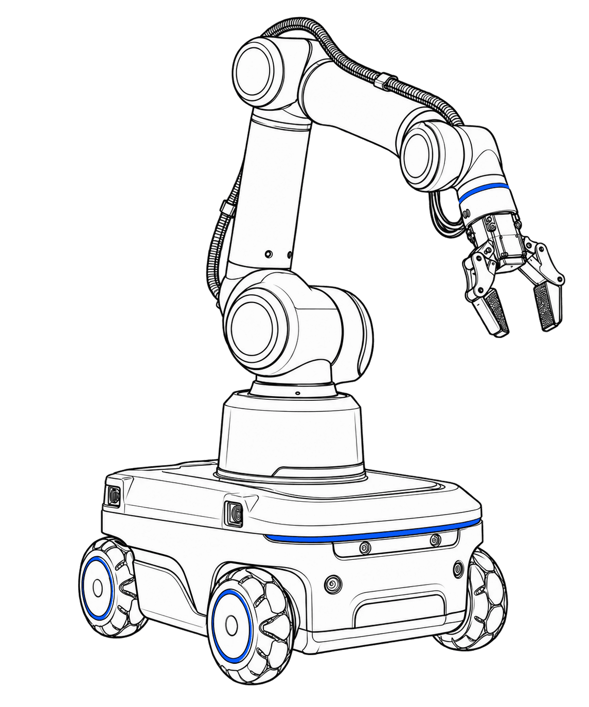 Technical line drawing of a mobile robotic manipulator