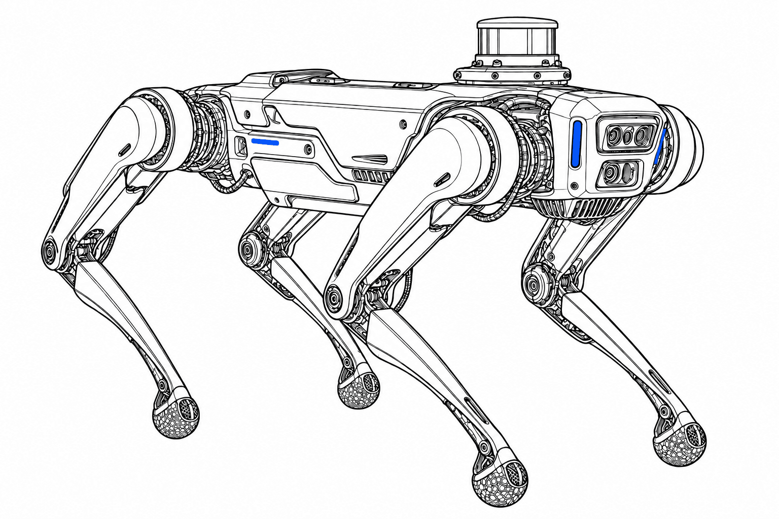Technical line drawing of a quadruped inspection robot
